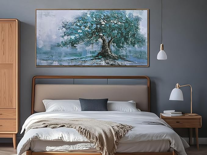 Ardemy Tree Canvas Wall Art for Living Room Teal Tree of Life Landscape Bedroom Picture Modern Nature Painting Blue Artwork Home Office Dining Room Kitchen Wall Decor, Large Wood Framed 48"x28"