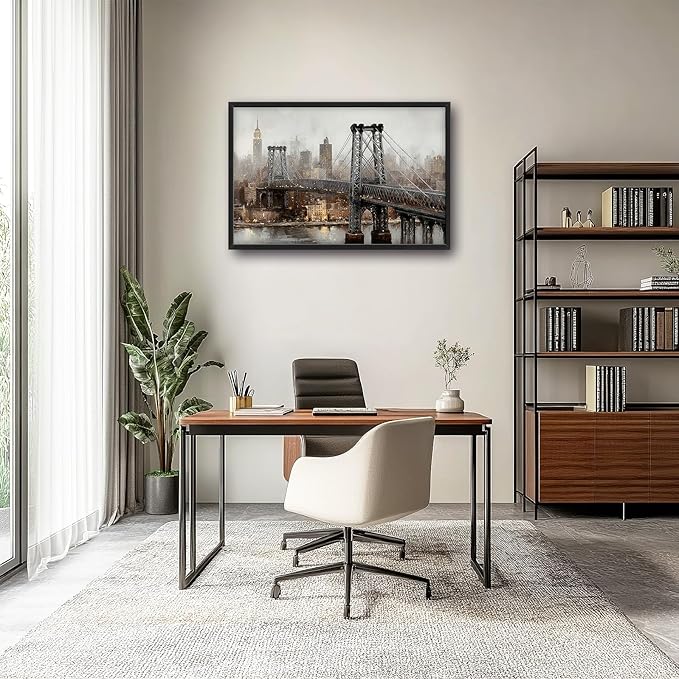 Glocmna Large New York City Skyline Wall Art for Living Room Manhattan Bridge Canvas Wall Decor Modern Architecture Oil Painting Pictures Print Framed Artwork Decorations Bedroom Home Office Dinning room 24"x36"