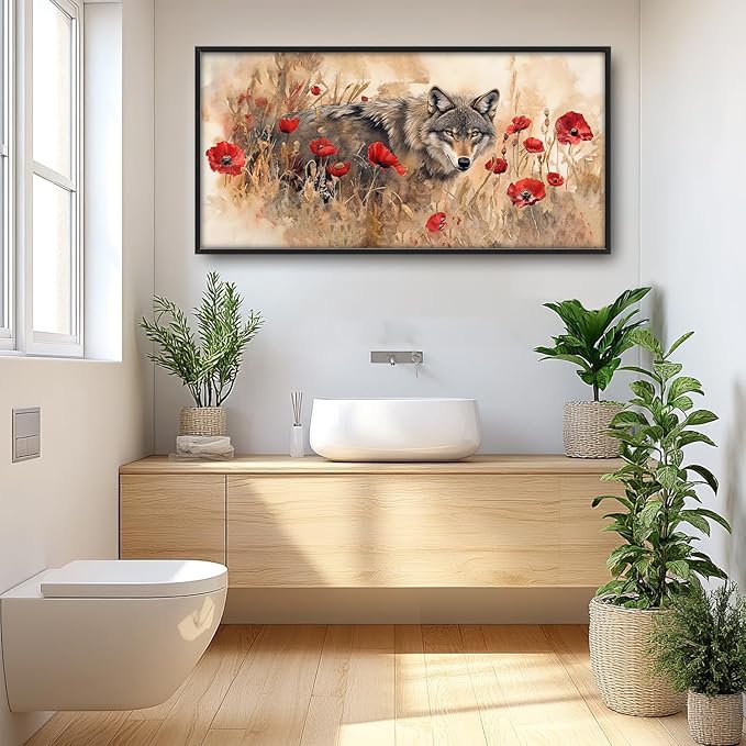 SweetFox Extra Large Watercolor Wolf Framed Wall Art for Living Room, Wild Flowers Wolf Pictures Oversized Wall Decor Abstract Canvas Painting Print Artwork for Bathroom Master Bedroom 60L X 30W