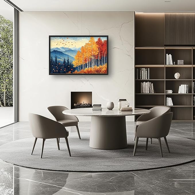 Fall Maple Leaf Large Wall Art Autumn Leaves Pictures Wall Decor Mountain Canvas Landscape Painting Modern Artwork Home Decoration for Living Room Bathroom Bedroom Office Framed 36"x24"