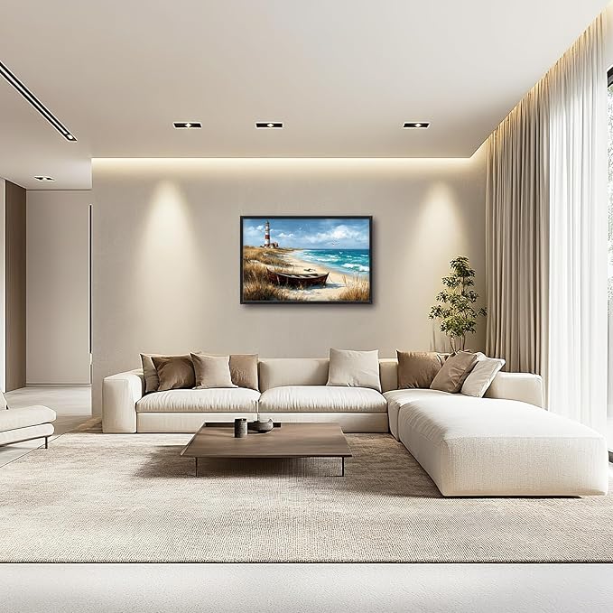 Glocmna Large Ocean Lighthouse Wall Art for Living Room Beach Coastal Scenery Wall Decor summer nautical Seascape Canvas Pictures Painting Print Framed Artwork Decorations for Bedroom Home Gifts 24"x36"