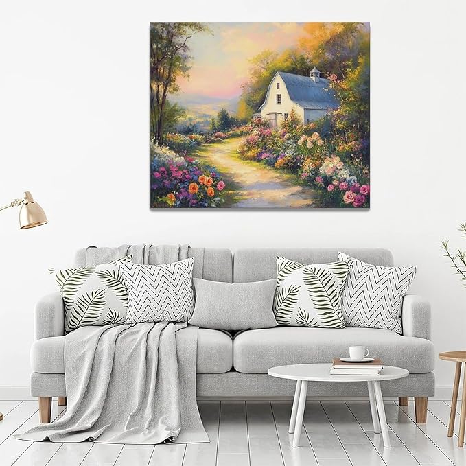 Olivine Garden Wall Art, Barn Pictures Wall Decor, Sunset Painting Vintage Village Garden Canvas Print, Framed Artwork for Living Room Bedroom Bathroom Office Home Decoration 24"x20"