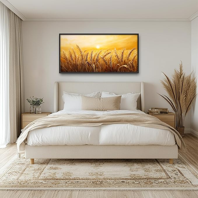 Wheat Field Wall Art Golden Wheat Landscape Pictures Wall Decor Sunset Large Master Over Above Bed Canvas Prints Horizontal Modern Artwork Painting Home Office Decorations For Kitchen Bedroom 30"x60"