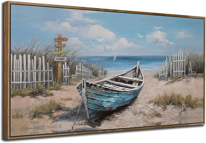 Ardemy Framed Blue Wall Art for Bedroom Canvas Picture Wall Decor Living Room, Textured Painting Beach Seascape Picture Artwork Kitchen Dining Room Home Office, Large 48"x24"