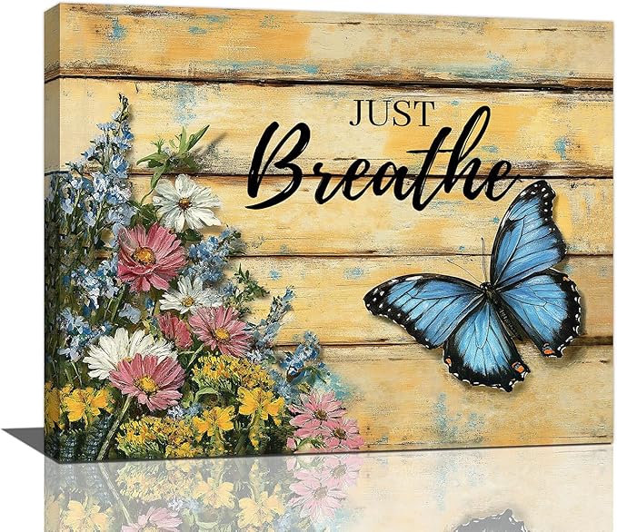 Olivine Butterfly Wall Art, Butterflies Flower Pictures Wall Decor, Just Breathe Painting, Vintage Farmhouse Canvas Prints, Framed Artwork for Living Room Bedroom Bathroom Kitchen Office Home 20"x16"