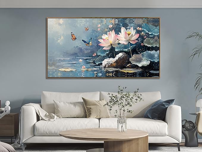 Ardemy Framed Canvas Wall Art Lotus Flower Painting for Living Room Blue Landscape Zen Butterfly Nature Artwork Bedroom Kitchen Bathroom Dining Room Home Office Spa Wall Decor, Large 40"x20"