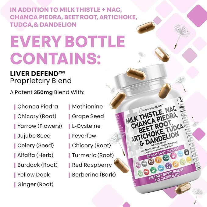 Clean Nutraceuticals Milk Thistle NAC Chanca Piedra Beet Root Artichoke Dandelion Root - Liver Cleanse Supplement Plus TUDCA Choline & Ginger - 2Pack
