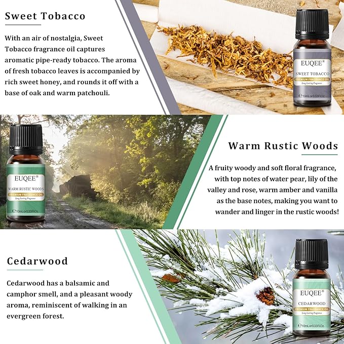 Fragrance Oils Gift Set Premium Woody Scented Oil - Forest Pine, Warm Rustic Woods, Bamboo & Teak, Cedarwood, Leather, Sweet Tobacc(Honeyed Haze), for Diffuser, Soap Making, Candle - 6x10ml