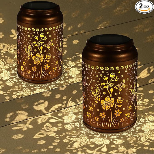 2 Pack Solar Lanterns Outdoor Waterproof, Butterflies Garden Decor Gifts for Women Mom Grandma Hanging Solar Lights Metal Decoration Outside for Yard, Patio