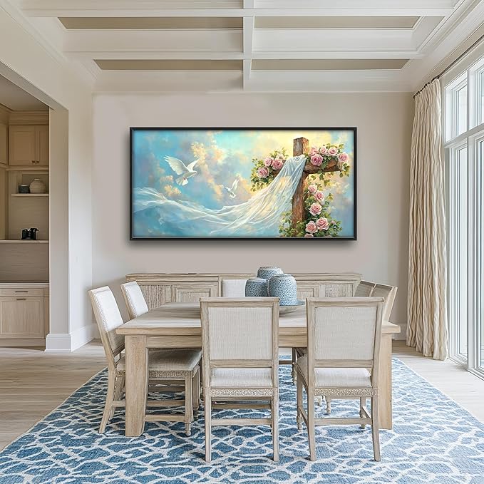Cross Large Wall Art Christian Religious Pictures Wall Decor Rose Dove Big Canvas Painting Prints Framed Artwork Home Church Decorations Above Bed for Prayer Bedroom Living Room Dining Room 60"x30"