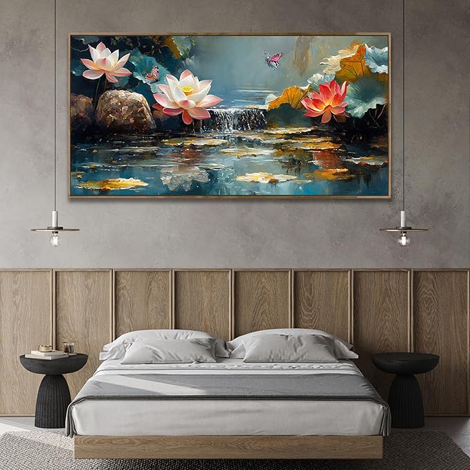 Anolyfi Canvas Wall Art Zen Decor Pink Lotus Picture Nature Flower Butterfly Landscape Painting Textured Artwork, Large Framed for Spa Living Room Bedroom Bathroom Yoga Room Office Home Decor 40"x20"