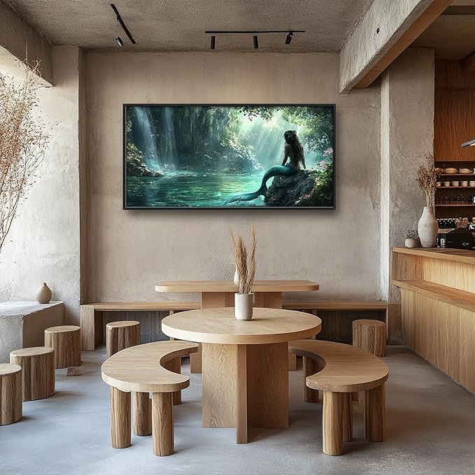 Mermaid Extra Large Wall Art Forest Waterfall Mermaid Pictures Wall Decor Cabin Canvas Prints Painting Oversize Framed Artwork Home Decoration Above Bed for Bedroom Bathroom Living Room 60"x30"