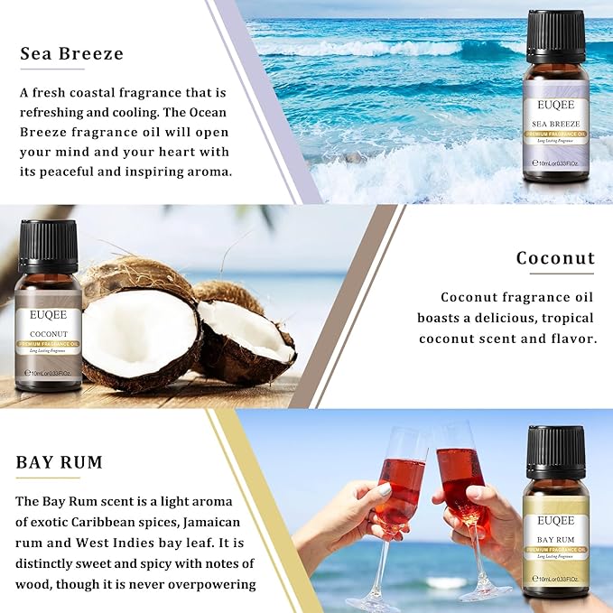 Summer Fragrance Oil Gift Set of 6，Holiday Island Essential Oils Set for Humidifier, Aromarathepy-Pineapple, Coconut, Sea Breeze, Bubble Gum, Bay Rum, Marshmallow(10ml)