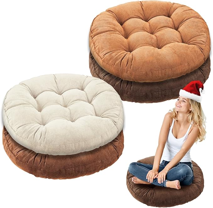 Jerify 4 Pcs Floor Pillow Cushions 22 x 22 Inch Round Square Large Meditation Floor Pillow for Classroom Adult Meditation Picnic Party Cushion for Seating Gift Christmas(Brown,Round)