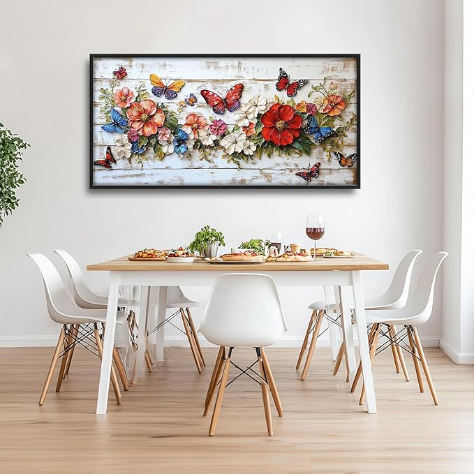 Olivine Flower Large Wall Art, Butterfly Pictures Wall Decor, Boho Painting, Rustic Wood Grain Canvas Prints, Framed Artwork for Dining Room Living Room Bedroom Bathroom Office Home Decor 36"x24"