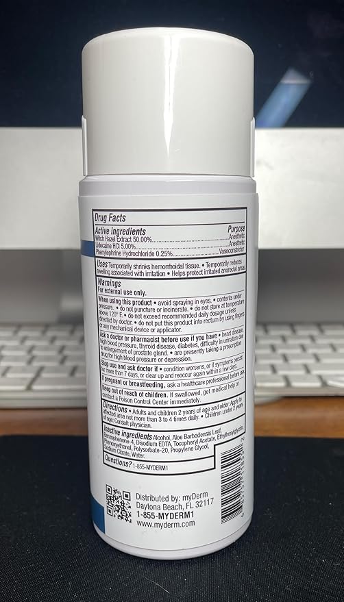 Myderm Medical Numbing Spray - 4.5oz - Maximum Strength 5% Lidocaine with Phenylephrine HCl and Witch Hazel - Fast-Acting Reliever with A Touch-Free Application - First Aid Supplies - Made in USA