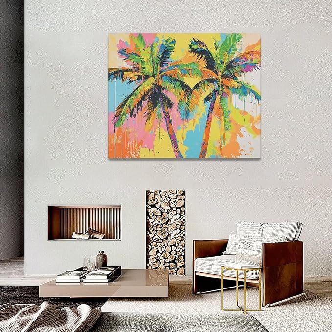 Olivine Tropical Wall Art, Palm Tree Pictures Wall Decor, Graffiti Painting, Colorful Summer Canvas Prints, Framed Artwork for Bathroom Living Room Bedroom Office Home Decoration 20"x16"