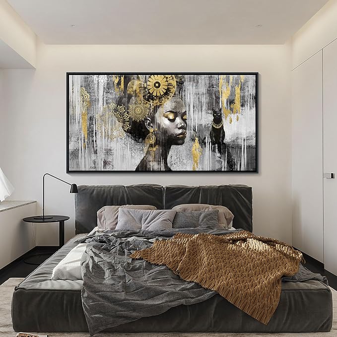 KLAKLA Black and Gold Wall Art - African American Black Girl Wall Art Colorful Black African Woman Canvas Picture Framed Wall Decor for Living Room Bedroom Home Decoration