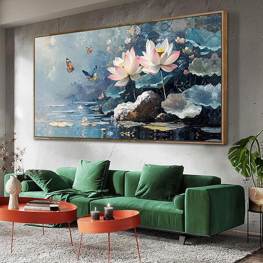 Ardemy Framed Extra Large Canvas Wall Art Lotus Flower Painting for Living Room Blue Landscape Zen Butterfly Nature Artwork Bedroom Kitchen Dining Room Home Office Spa Wall Decor, 58"x29"