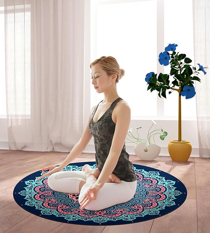 nuveti Large Meditation Mat Round Yoga Mat Pilates Yoga Mat 3.5mm Thick Natural Tree Rubber Base Non Slip, Extra Thick Grip. Thicker, Longer, and Wider for More Comfort and Support（55''x55''）