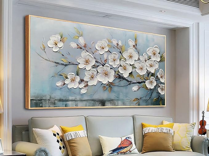 Anolyfi Large White Textured Flowers Wall Art for Living Room Canvas Painting, Modern Elegant Landscape Artwork for Bedroom Hallway Kitchen Office Home Decor, Wood Framed 40"x20"