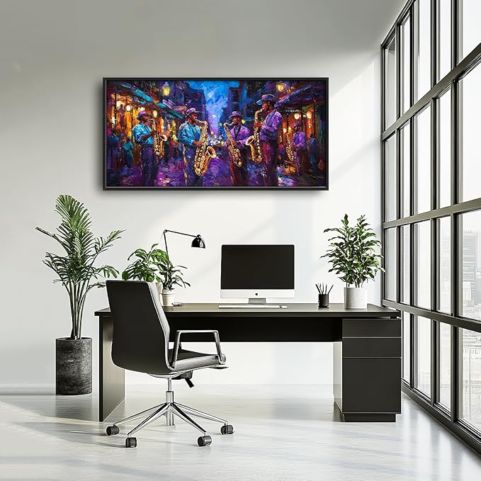 SweetFox Extra Large Banksy Jazz Music Framed Wall Art for Living Room, Jazz Band Banksy Pictures Oversized Wall Decor Abstract Canvas Painting Print Artworks for Bathroom Master Bedroom 60L X 30W