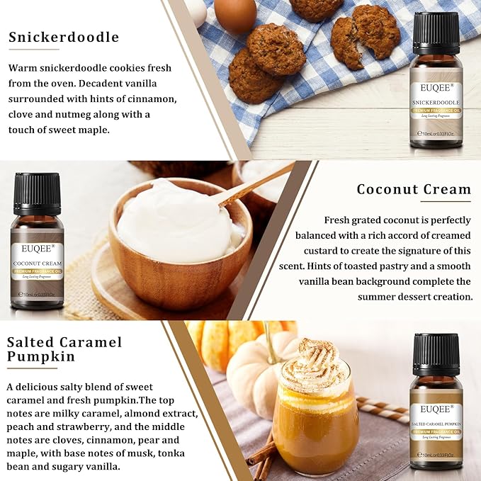 6PCS Premium Fragrance Oils for Homemade Bread-10ml-Pumpkin Pie, Coconut Cream, Snickerdoodle, Coffee Cake, Blueberry Pancakes, Salted Caramel Pumpkin