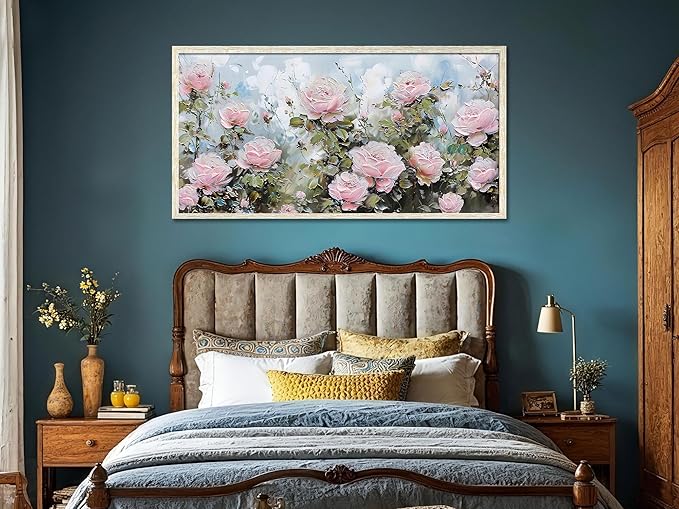 Ardemy Pink Rose Wall Art Canvas for Living Room Flower Painting Modern Textured Floral Bedroom Picture Artwork Framed Home Office Kitchen Decor, Large 48"x24"