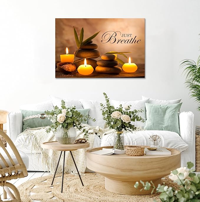 YIOZHAOFH Zen Wall Decor Just Breathe Motivational Bathroom Wall Art Yoga Room Poster for Women Spa Picture Painting Spiritual Artwork Framed for Living Room Ready to Hang (12L x 16W)