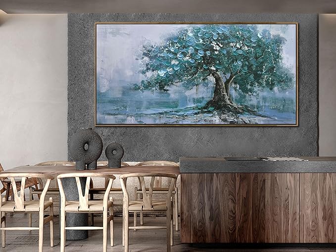 Ardemy Tree Canvas Wall Art for Living Room Teal Tree of Life Landscape Bedroom Picture Modern Nature Painting Blue Artwork Home Office Wall Decor, Extra Large Wood Framed 58"x29"