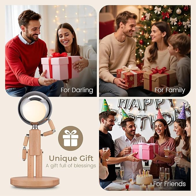 Pause Moon Lamp, Creative Wood LED Desk Lamp, Unique Decorative Lighting for Bedroom, Lamps for Night Stands, Rechargeable Cordless Lamp Office & Gift