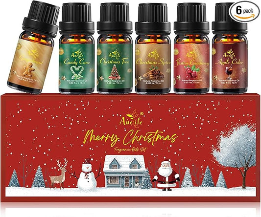 Christmas Essential Oil Set, Essential Oils for Diffusers for Home, Fragrance Oil Gift Set | Gingerbread, Candy Cane, Christmas Tree, Spice, Cranberry, Apple Cider | Aromatherapy, Candle & Soap Making