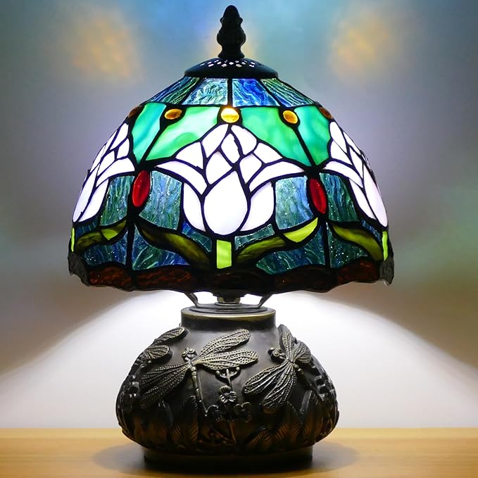 Small Tiffany Lamp Mini Stained Glass Table Lamp Mushroom Memory Sympathy Accent Lamp 8X11 Inch (Tulip Flower Style)