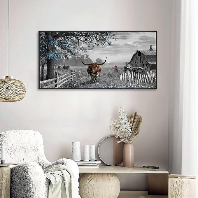 yiijeah Western Decor for Home - Cow Pictures Wall Decor Living Room Modern Rustic Farmhouse Framed Wall Decor Prints Highland Cow boho Longhorn Decor Bedroom Canvas Artwork for Walls