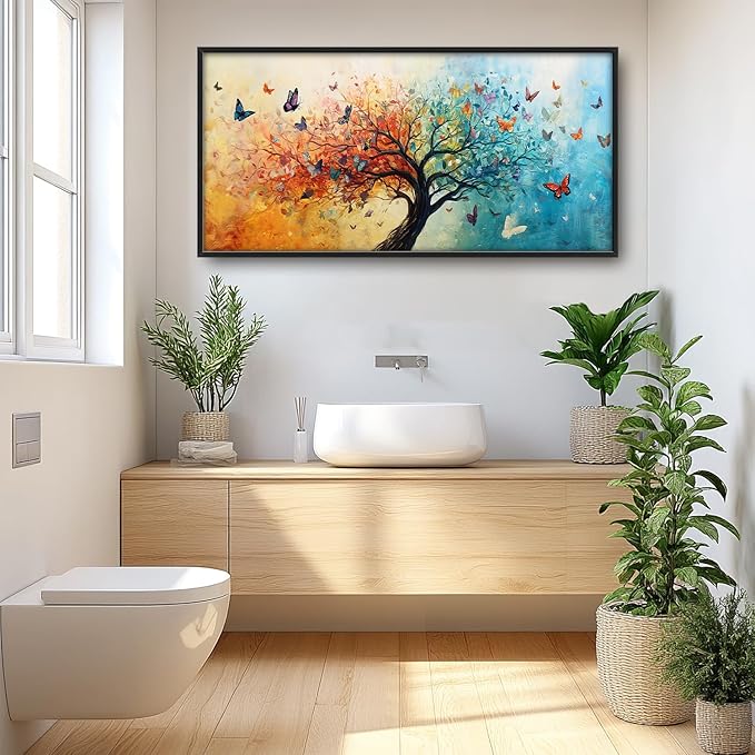 SweetFox Extra Large Tree of Life Framed Wall Art for Living Room, Colorful Tree Butterfly Pictures Oversized Wall Decor Abstract Canvas Painting Print Artwork for Bathroom Master Bedroom 60L X 30W