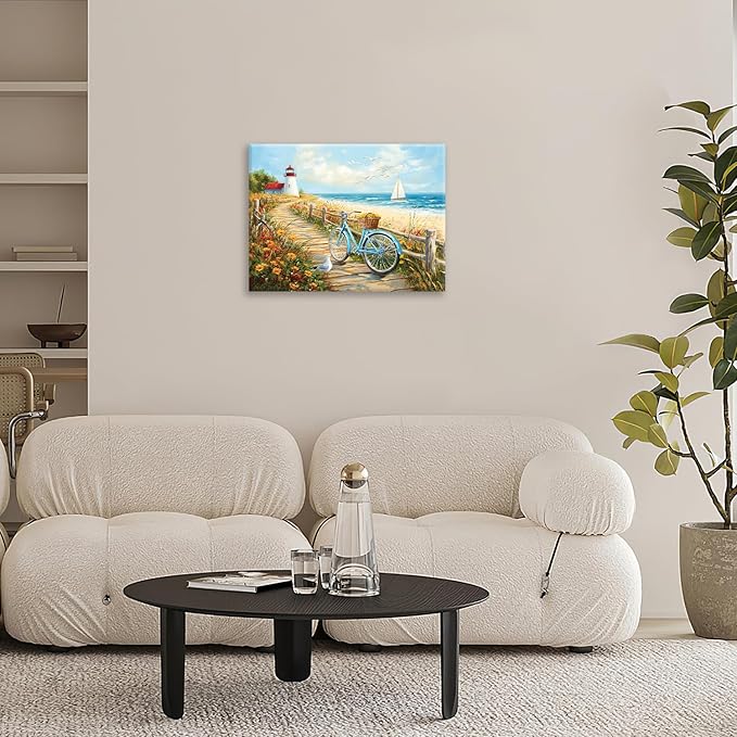 Olivine Coastal Wall Art, Beach Bicycle Pictures Wall Decor, Lighthouse Painting, Ocean Seascape Canvas Prints, Framed Artwork for Living Room Bedroom Bathroom Kitchen Office Home Decoration 16"x12"