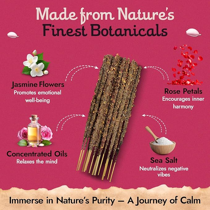 Jasmine Incense Sticks - 6 Handmade Extra-Long & Thick Sticks with Essential Oils, Rose Petals & Jasmine for Abundance, Calm & Relaxation - 1 Hour Burn Time