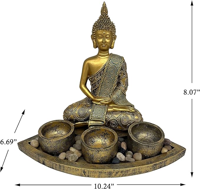 ARTCOS Meditating Buddha with 3 Tealight Candle Holder Base Sitting Zen Buddha Statue for Spiritual Room Décor Buda Sculpture Home Decoration for Peace and Harmony (Antique Gold)