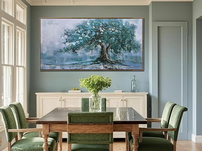 Ardemy Tree Canvas Wall Art for Living Room Teal Tree of Life Landscape Bedroom Picture Modern Nature Painting Blue Artwork Home Office Dining Room Kitchen Wall Decor, Large Wood Framed 48"x28"