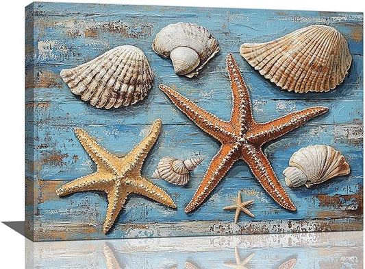 Olivine Seashell Wall Art, Coastal Starfish Pictures Wall Decor, Beach Theme Painting, Blue Seashell Canvas Prints, Framed Artwork for Bathroom Bedroom Living Room Office Home Decoration 24''x16''