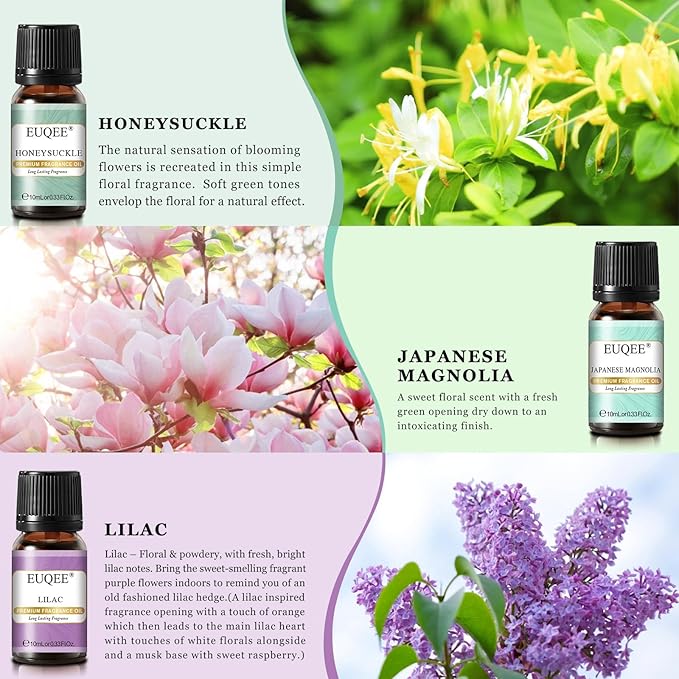 Premium Floral Fragrance Oils Set 6PCS Fragrance Oils Set for Diffuser, DIY Candle - Honeysuckle, Lilac, Japanese Magnolia, Violet, Orange Blossom (10ml)