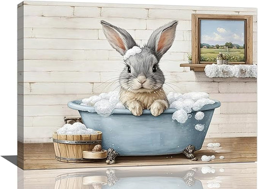 Farmhouse Bunny Bathroom Decor Wall Art Rabbit Pictures Canvas Prints Rustic Country Bathroom Painting Artwork Easter Decoration Framed Gifts for Women Girl Restroom Toilet 16"x24"