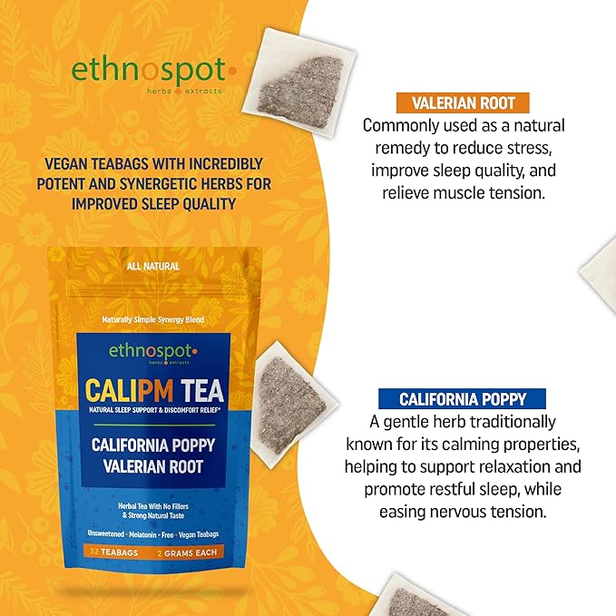 CaliPM Teabags - Natural Sleep Tea with California Poppy & Valerian Root, Herbal Tea for Relaxation & Discomfort Relief, Unsweetened & Vegan, Melatonin-Free, 100% Natural Ingredients - 2 Gram Teabags - 32 Teabags