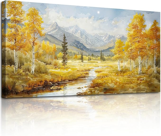 crmotu Autumn Landscape Wall Art, Birch Tree Forest Large Artwork, Mountain River Scenic Canvas Painting, Rustic Aesthetic Pictures Wall Decor Living Room Bedroom Bathroom Kitchen Art Prints 20x40inch