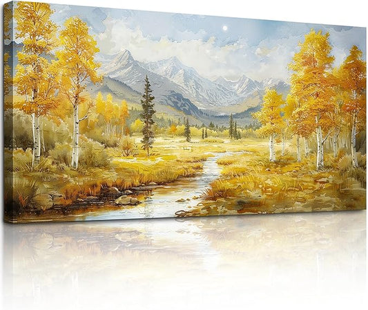 crmotu Mountain Forest Wall Art, Riverside Birch Tree Oversized Paintings, Nature Landscape Pictures Art Prints, Modern Large Wall Decor Living Room Bedroom Office Farmhouse Canvas Artwork 30x60inch