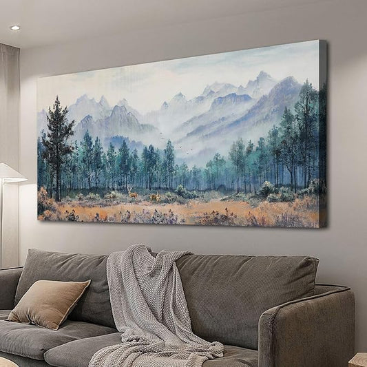 Anolyfi Forest Mountain Canvas Wall Art Nature Tree Landscape Painting, Panoramic Scenery Picture Textured Large Artwork Framed for Living Room Bedroom Bathroom Kitchen Office Home Decor 58"x29"
