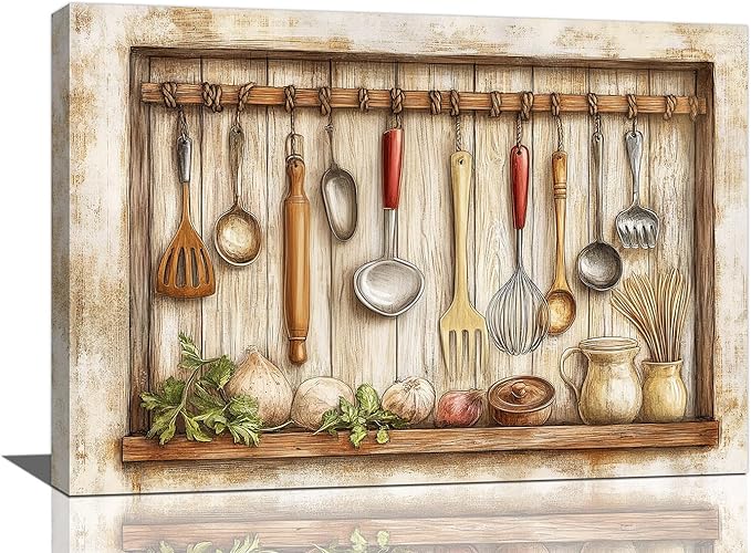 Olivine Kitchen Wall Art, Farmhouse Kitchen Pictures Wall Decor, Rustic Kitchenware Painting Canvas Prints,Framed Artwork for Dining Room Living Room Office Home Decoration 24"x16"