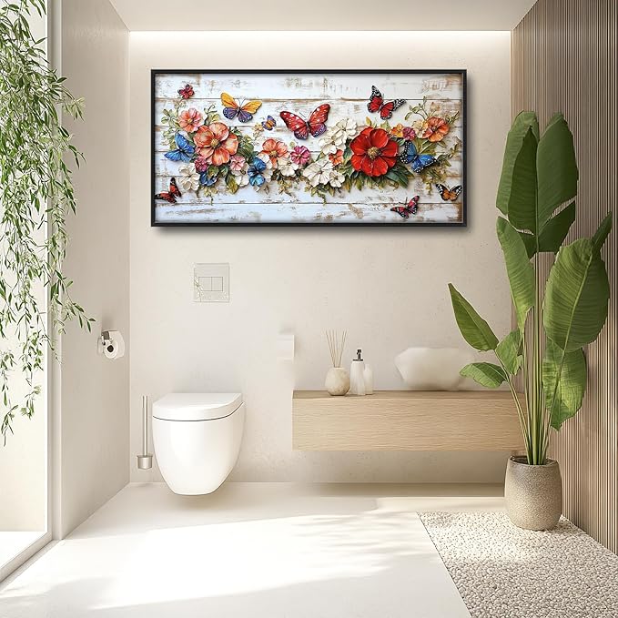 Olivine Flower Large Wall Art, Butterfly Pictures Wall Decor, Boho Painting, Rustic Wood Grain Canvas Prints, Framed Artwork for Dining Room Living Room Bedroom Bathroom Office Home Decor 60"x30"