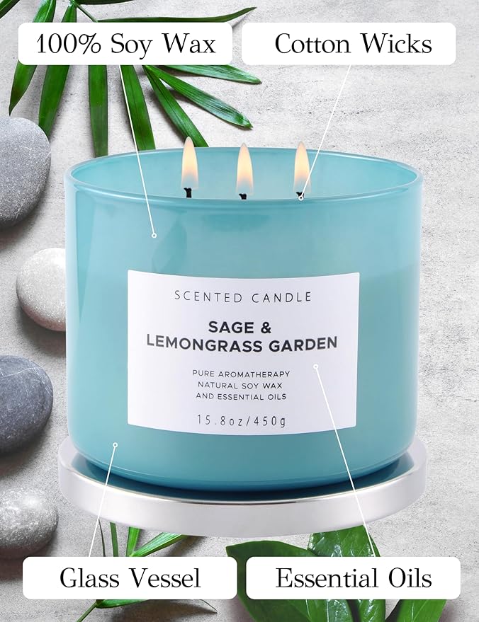 Sage Lemongrass Garden 3 Wick Scented Candle | Large Soy Candles for Home 15.8 oz | Long Lasting Stress Relief Candle | Soothing Sage Candles for Cleansing | Aromatherapy Candle Gift for Women & Men