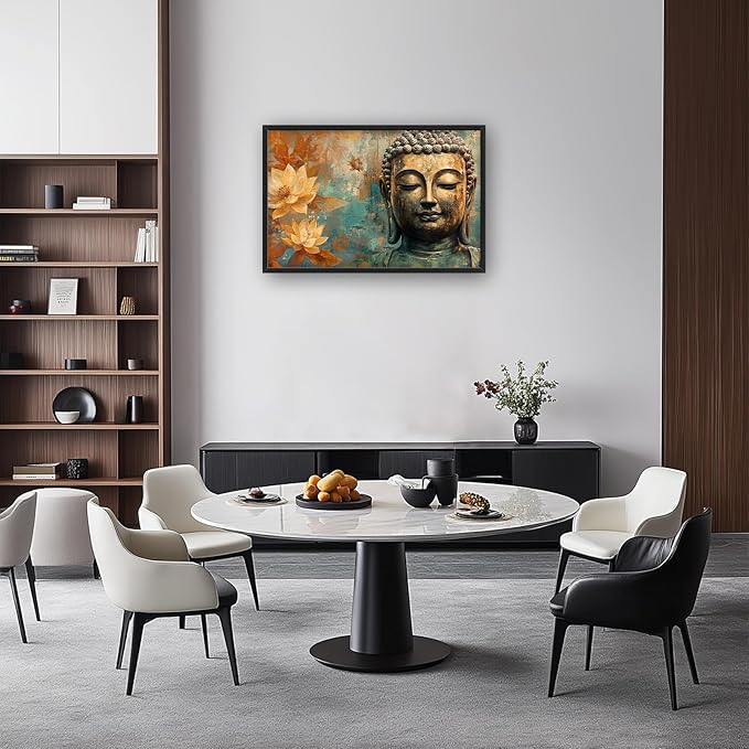 Framed Large Wall Art for Living Room, Golden Buddhist Canvas Wall Decor, Large Lotus Pictures Framed Painting, Zen Meditation Artwork for Bedroom Office Home Decor 36L'' × 24W''